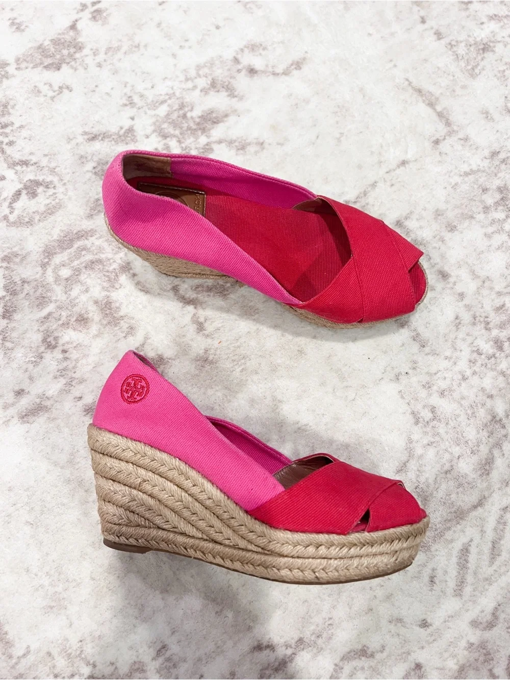Tory Burch Filipa Pink & Hot Pink Espadrille Wedge Peep-Toe